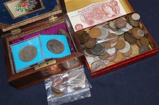 A collection of coins, including two George III crowns,